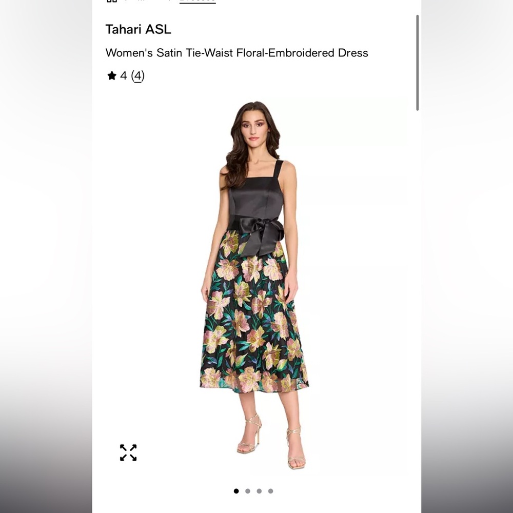Tahari Black Satin Embroidered Midi Dress - Multi Floral Accents